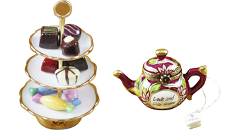 This is selection of elegant porcelain Limoges Boxes having themes that feature favorite household items.